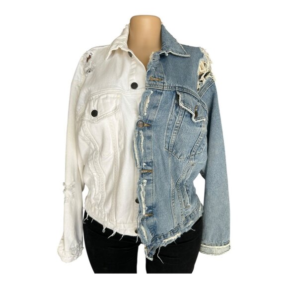 Two-Tone Distressed Denim Jacket White & Blue Patchwork Design Carmar M - Picture 1 of 5